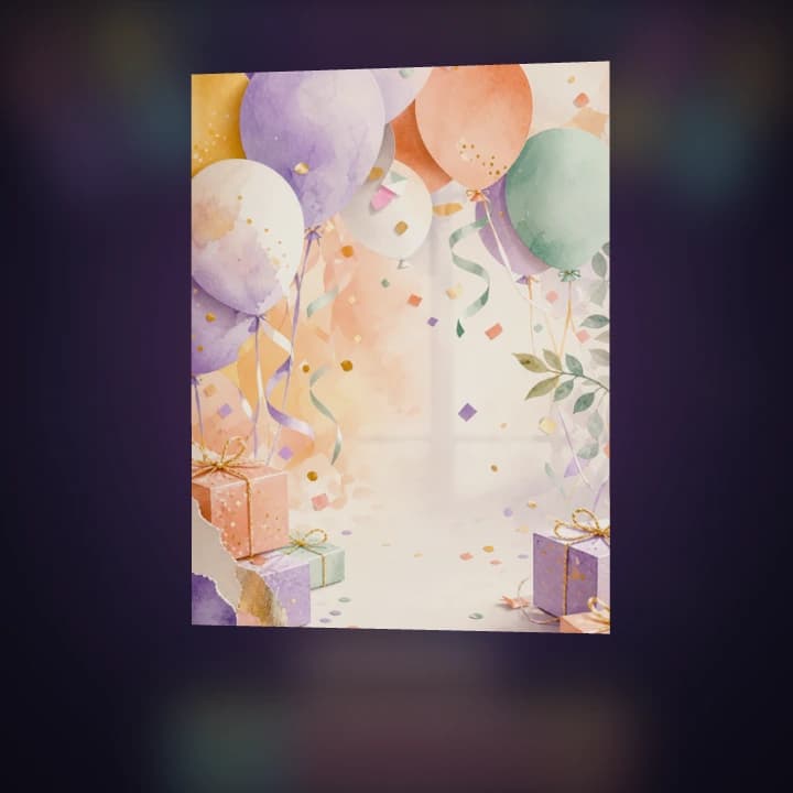 The birthday card recipients open, with the balloons and gifts cover